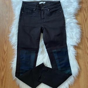 L.L. Bean Tartan Blackwatch Navy Green Plaid Knee Patch Skinny Jeans Raw Hem 2